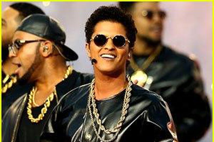Bruno Mars wearing Versace at Super Bowl 50