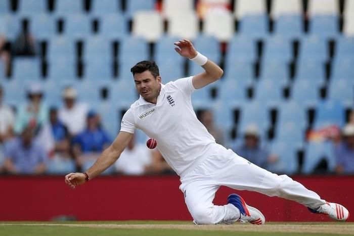 England's James Anderson fields his delivery during the fourth cricket test match against South Africa in Centurion, South Africa, January 22, 2016. REUTERS/Siphiwe Sibeko