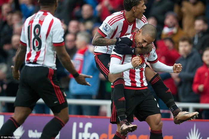 Sunderland players celebrate a goal against Manchester United on Saturday, February, 13, 2016