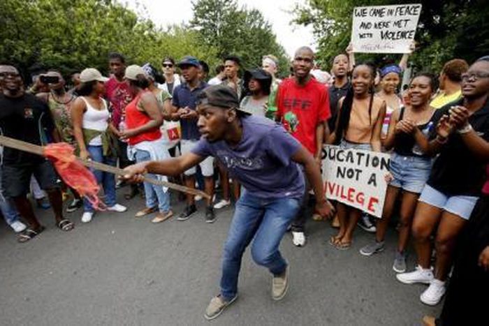 Students protest over planned increases in tuition fees in Stellenbosch, October 23, 2015.