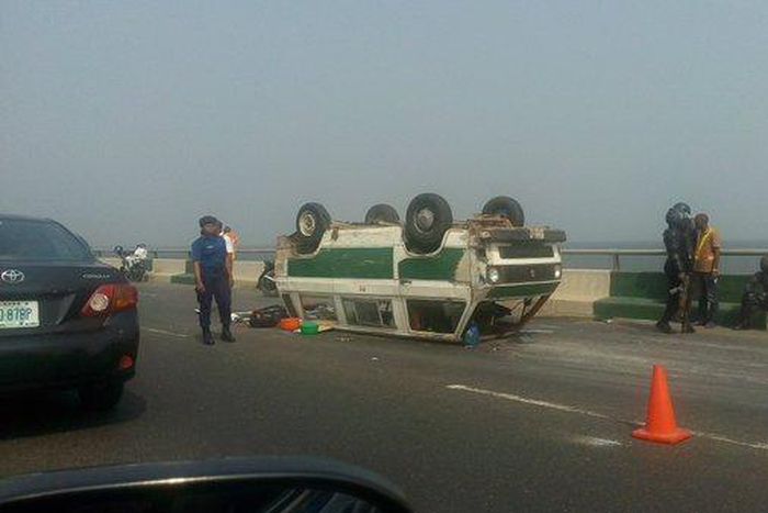 Danfo bus somersaults on 3rd mainland bridge