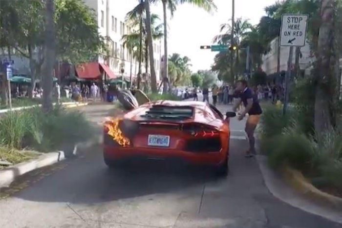 burning Lamborghini Aventador