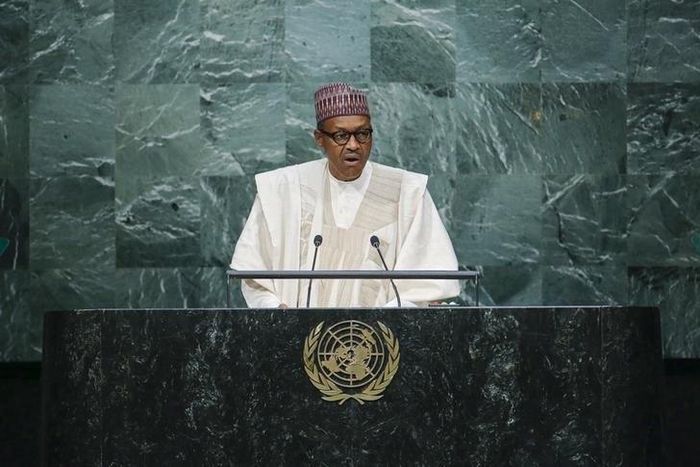 Nigeria's President Muhammadu Buhari addresses attendees during the 70th session of the United Nations General Assembly at the U.N. headquarters in New York, September 28, 2015. REUTERS/Eduardo Munoz