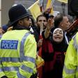 Demonstrators protest against Egypt's President Abdel Fattah al-Sisi near Downing Street whilst he met with Britain's Prime Minister Cameron in London, Britain, November 5, 2015.    REUTERS/Luke MacGregor