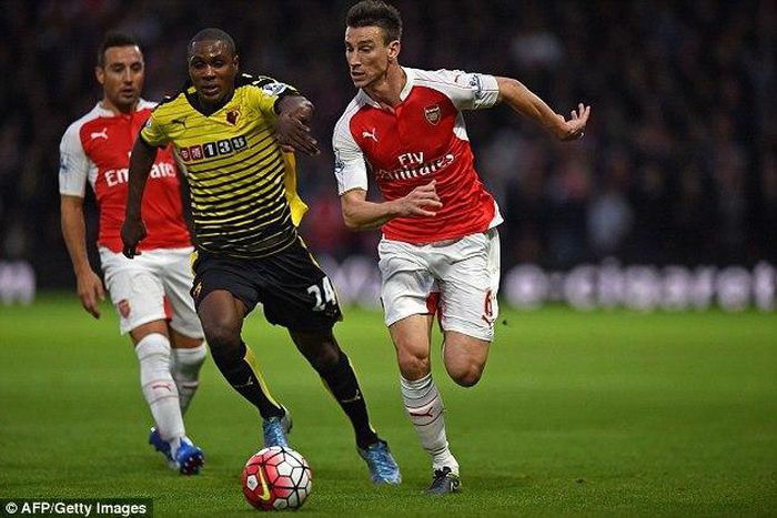 Odion Ighalo and Laurent Koscielny during Watford 0 Vs Arsenal 0 in October, 2015