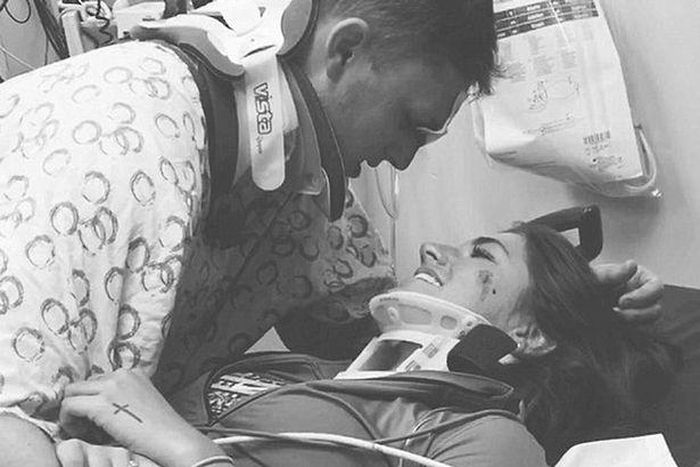 Arika Stovall and partner, Hunter Hanks, reunite at the hospital following car crash