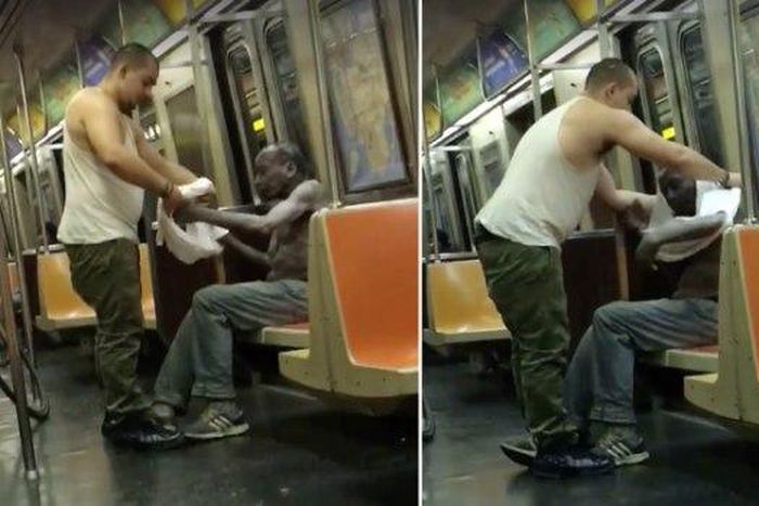 Man clothes shivering old black man on New York Subway