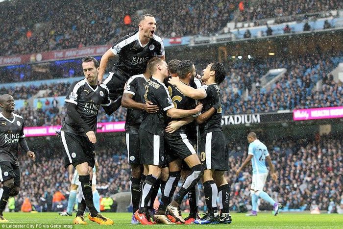 Leicester City FC players celebrate a goal against Manchester City in February, 2016