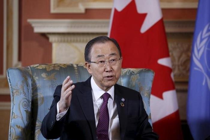 United Nations Secretary-General Ban Ki-moon speaks during a meeting with Canada's Governor General David Johnston (not pictured) at Rideau Hall in Ottawa, Canada, February 12, 2016. REUTERS/Chris Wattie