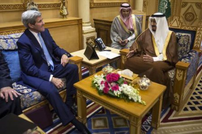 U.S. Secretary of State John Kerry (L) meets with King Salman of Saudi Arabia (R) in Diriyah Farm, Saudi Arabia, October 24, 2015.