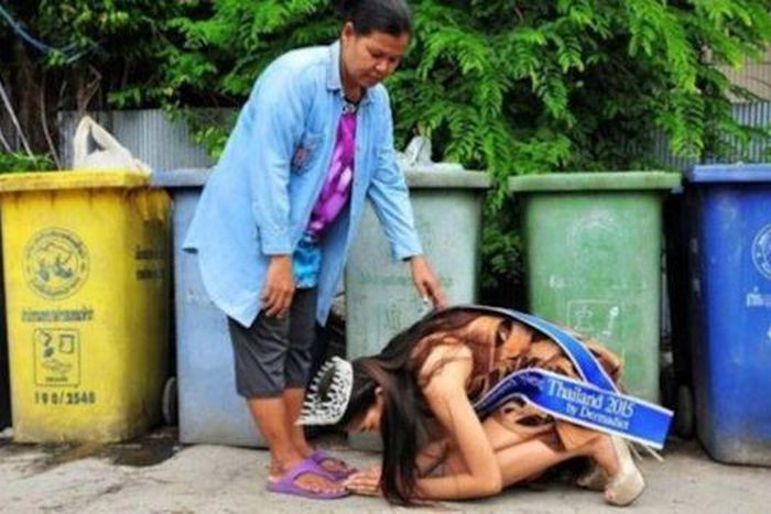 Beauty queen, Khanittha 'Mint' Phasaeng bows before her mum next to a row of wheelie bins