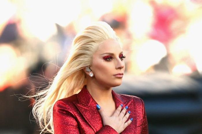 Lady Gaga in custom Gucci pantsuit at the 2016 Super Bowl