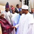President Muhammadu Buhari in warm handshake with the Deputy Governor of Lagos State, Dr. (Mrs.) Idiat Oluranti Adebule at the Muritala Muhammed International Airport on Monday, February 1, 2016. They are flanked by: (L-R) Minister of Information and C...
