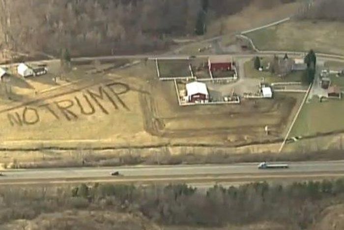 Farmer goes viral after spelling 'No Trump' with cow shit