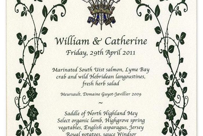 The menu card from Prince William and Kate Middleton's royal wedding