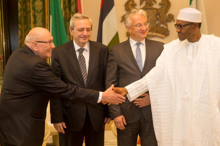 R-L President Muhammadu Buhari, Vice Prime Minister/Deputy Head of Government of Hungary Dr Semjen Zsolf , State Secretary Mr Bus Szilveszter and Col. Rukusz , during Courtesy Call to the President at the Presidential Villa on October 23, 2015.