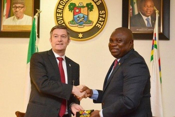 Lagos State Governor, Mr. Akinwunmi Ambode (right), with Managing Director/C.E.O, Nigerian Breweries Plc., Mr. Nicolas Vervelde