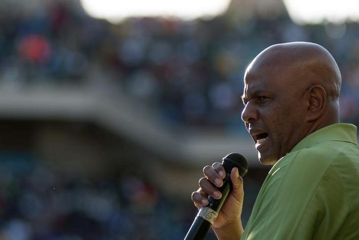 The Association of Mineworkers and Construction Union (AMCU) President Joseph Mathunjwa speaks to striking mine workers at the Royal Bafokeng Stadium in Rustenburg, June 23, 2014. REUTERS/Skyler Reid