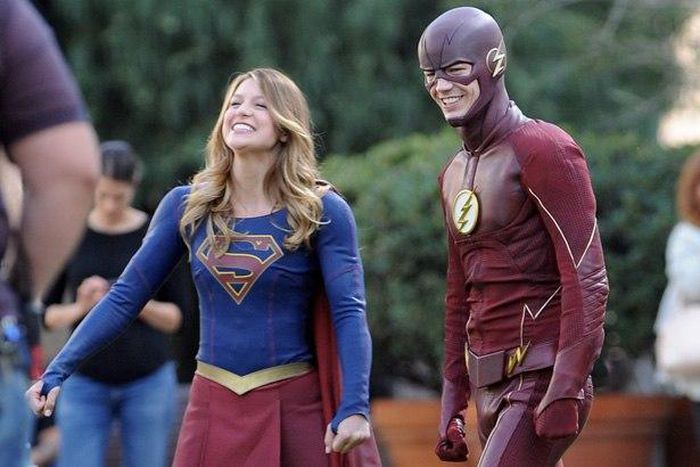 On set of "Supergirl" and "The Flash" crossover