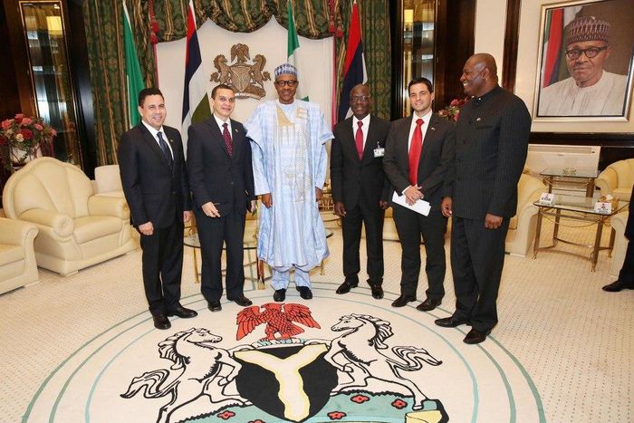 L-R ; Permanent Representative of the Bolivarian Republic of Venezuela to the United Nations, Mr. Samuel Moncada, Venezuela Special Envoy and Vice Minister for Africa, Mr. Reinaldo Bolivar, President Muhammadu Buhari, Permanent Secretary Ministry of Fo...