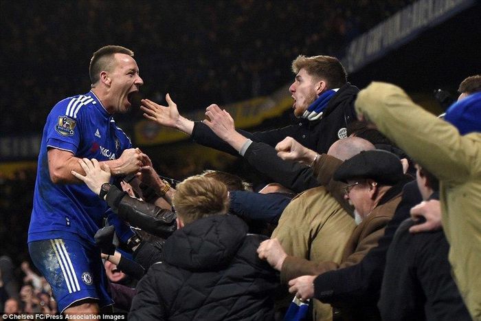 John Terry celebrates his late equaliser against Everton on January 16 at Stamford Bridge