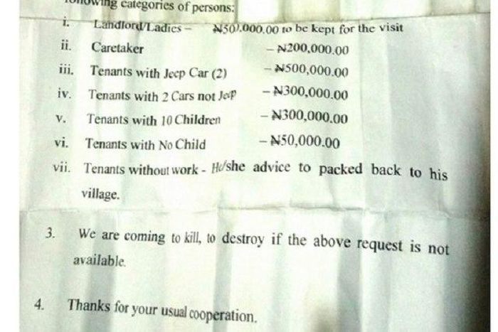 The letter sent to the resident by the thieves