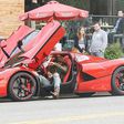 Lewis Hamiton arrives a Beverly Hills restaurant in his  £1.1 million LaFerrari