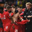 Jurgen Klopp and Liverpool Players  celebrate their late winner against Norwich on Saturday, January 23
