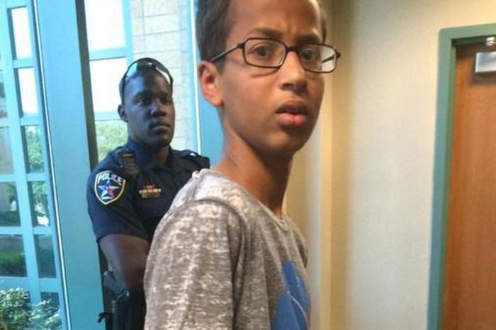 Ahmed Mohammed looking surprised after he was handcuffed