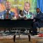 Presidential candidates Faustin-Archange Touadera (right) and Anicet-Georges Dologuele (left) face each other during a live television debate ahead of Sunday's second round election, in Bangui, Central African Republic, February 12, 2016. REUTERS/Siegf...