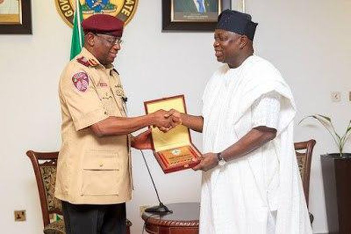 Lagos State Governor, Mr. Akinwunmi Ambode with the Marshal & Chief Executive of Federal Road Safety Corps, Mr. Boboye Oyeyemi