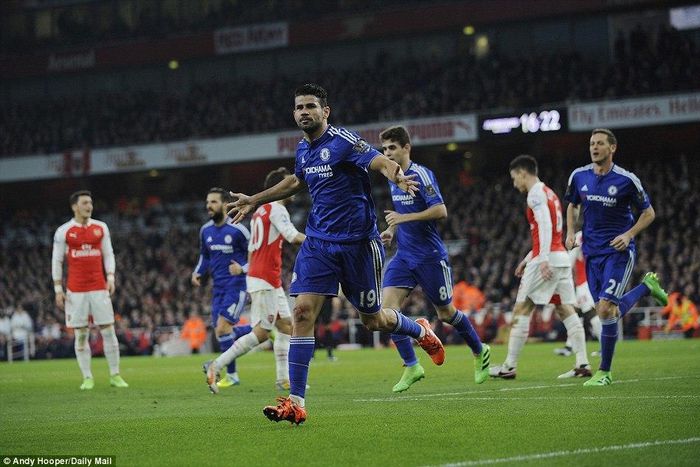Diego Costa celebrates after scoring against Arsenal on Sunday, January 24, 2016