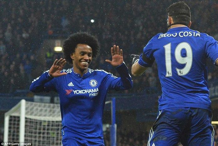 Willian and Diego Costa celebrate a Chelsea goal against Newcastle United on  Saturday, February, 13, 2016