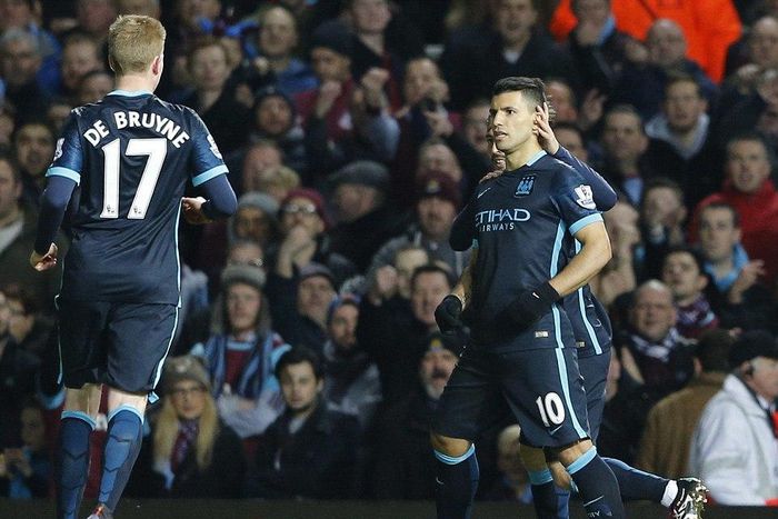 Kevin de Bruyne and Sergio Aguero celebrate a goal for Manchester City against  West Ham on Saturday, January 23
