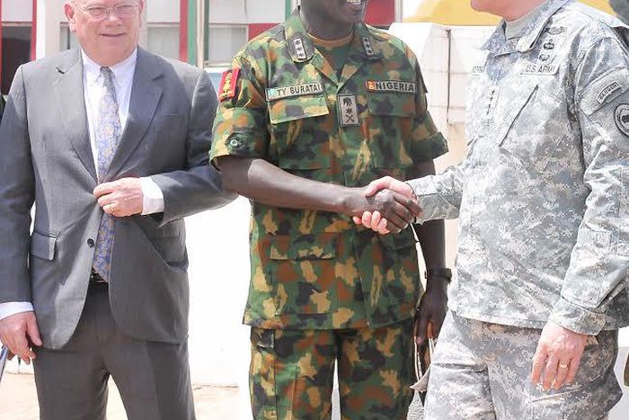 L-R: US Ambassador, James Entwistle, Chief of army staff Lt. Gen. Tukur Buratai and Commander, US Africom. Gen. David Rodriguez at the inauguration of US training assistance to selected units of the Nigerian Army.
