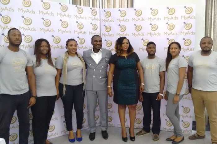 Founders of MyAds, Simeon and Madonna Onunobi, with their staff at the MyAds launch event.