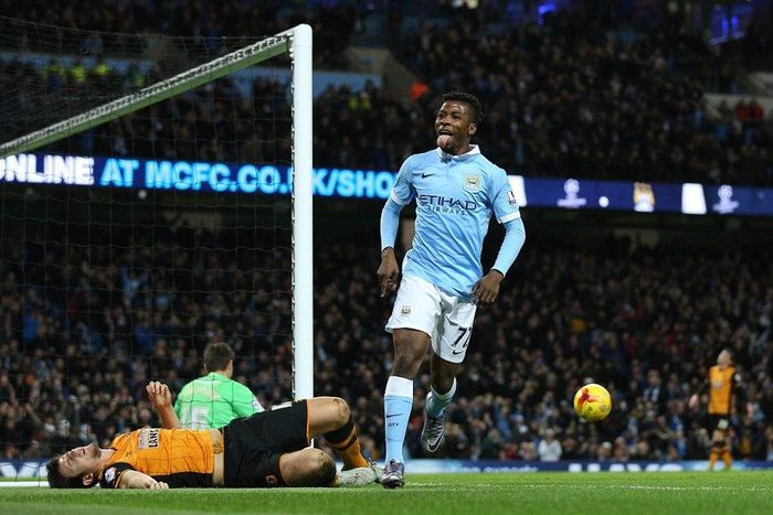 Kelechi Iheanacho celebrates after scoring for City against Hull City