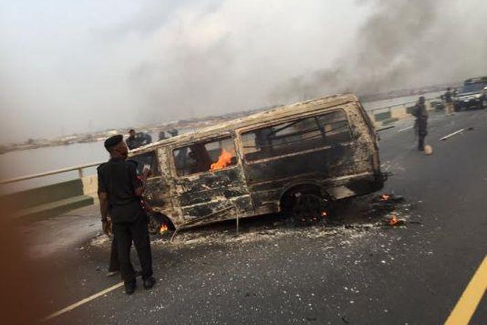 Commercial bus burns killing one