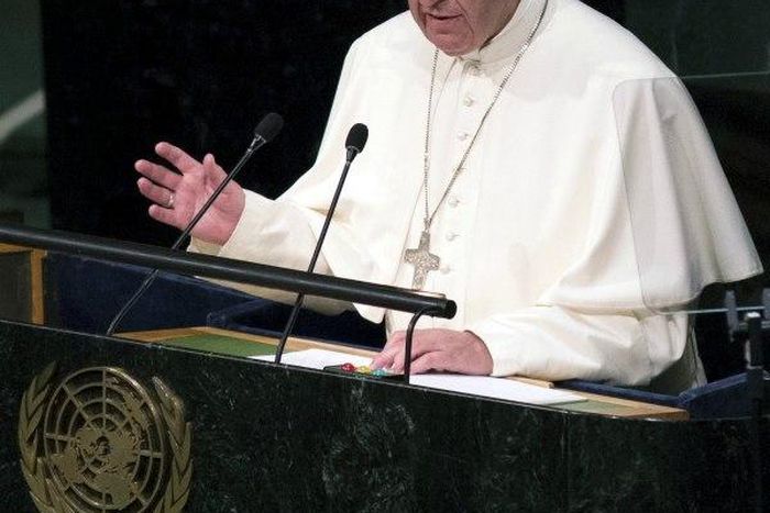 Pope Francis addresses attendees in the opening ceremony to commence a plenary meeting of the United Nations Sustainable Development Summit 2015 at the United Nations headquarters in Manhattan, New York September 25, 2015.