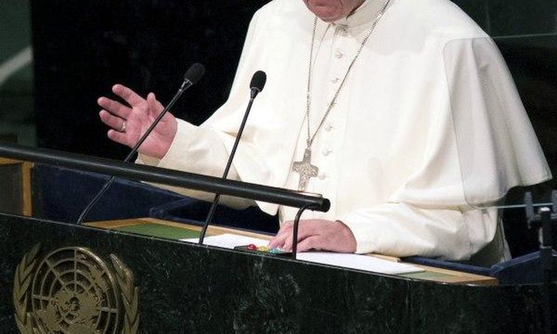 Pope Francis addresses attendees in the opening ceremony to commence a plenary meeting of the United Nations Sustainable Development Summit 2015 at the United Nations headquarters in Manhattan, New York September 25, 2015.