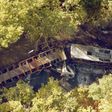 An aerial view of the site where a coach (R) carrying members of an elderly people's club collided with a truck (L) outside Puisseguin near Bordeaux, western France, October 23, 2015.