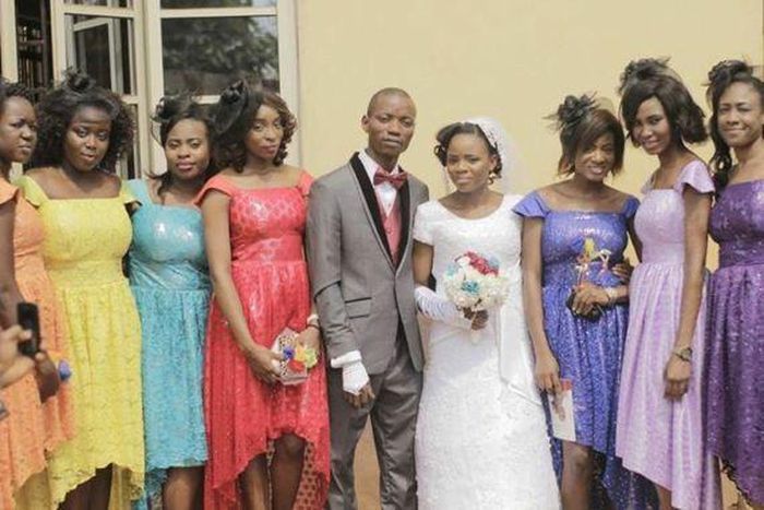 Bridesmaids and their multi colored dresses