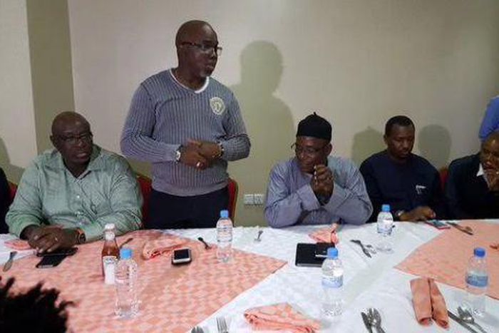 Amaju Pinnick speaking to Super Eagles Team B players
