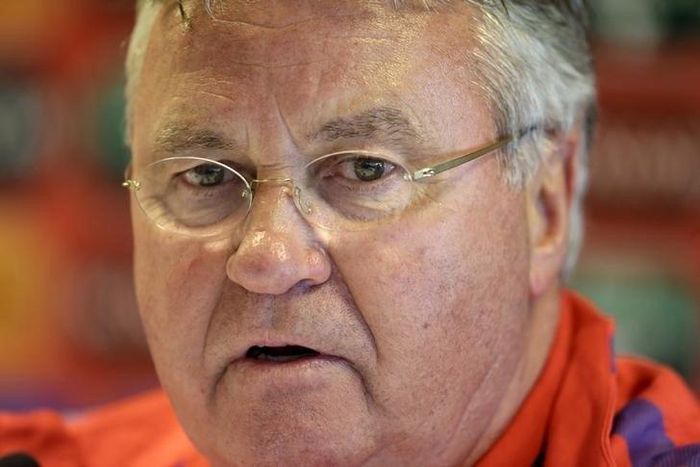 Netherlands' soccer team coach Guus Hiddink speaks during a news conference in Riga, Latvia, June 11, 2015.  REUTERS/Ints Kalnins