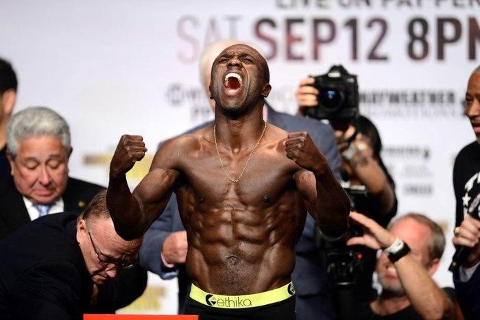 Andre Berto weighs in for his upcoming boxing fight against Floyd Mayweather (not pictured) at MGM Grand Garden Arena, September 11, 2015.  Joe Camporeale-USA TODAY Sports