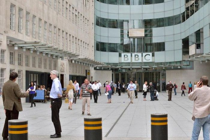 Staff outside BBC Broadcasting House in London, before the world "ended".