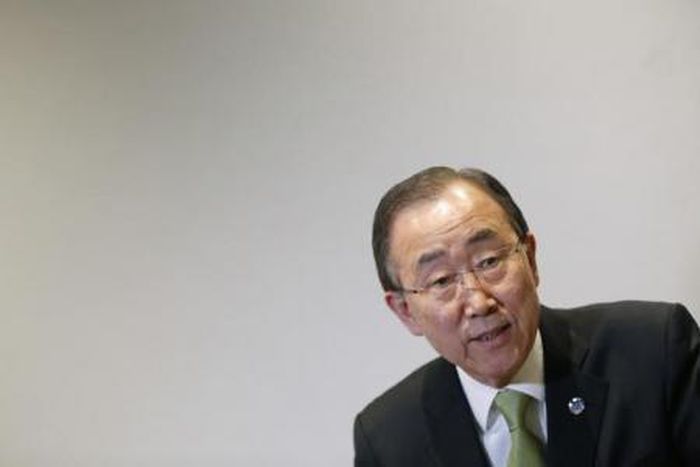 United Nations Secretary-General Ban Ki-moon reacts is pictured during an interview with Reuters during the World Climate Change Conference 2015 (COP21) in Le Bourget, near Paris, France, December 12, 2015.
