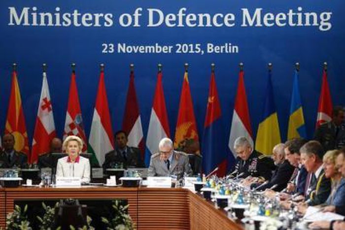 German Defence Minister Ursula von der Leyen (L) opens the Ministers of Defence Meeting at the Julius Leber barracks in Berlin, Germany, November 23, 2015.