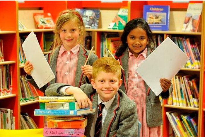 Newcastle-under-Lyme Junior School pupils Olivia Berrisford, aged seven, Louis Morgan, aged nine, and nine-year-old Zaara Farhan.