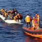 A Turkish Coast Guard fast rigid-hulled inflatable boats tow refugees and migrants in a dinghy on the Turkish territorial waters of the North Eagean Sea, following a failed attempt of crossing to the Greek island of Lesbos, off the shores of Canakkale,...